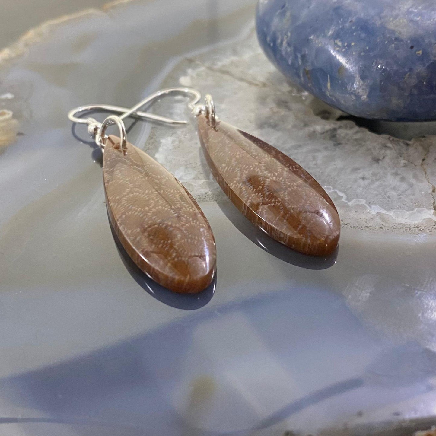 Sterling Silver Teardrop Fossilized Coral Slab Dangle Earrings For Women #052