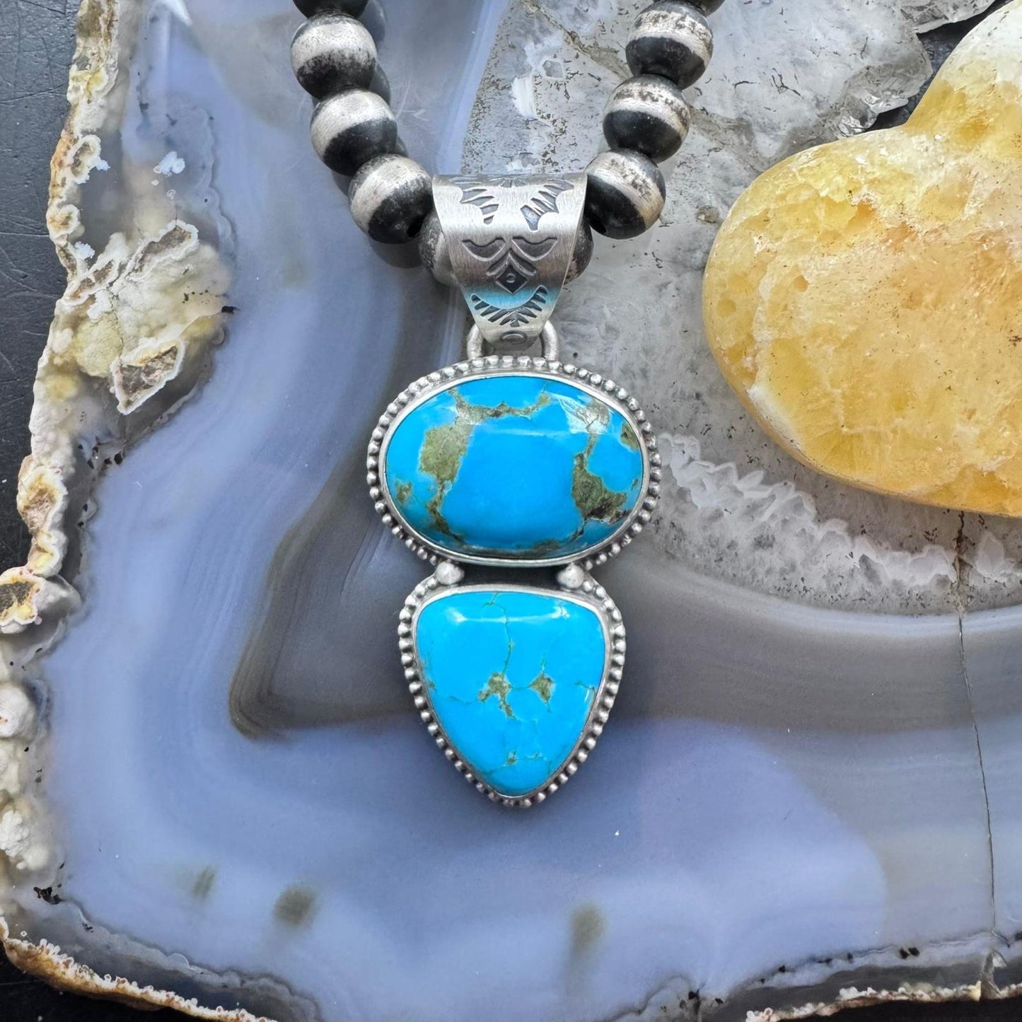 Native American Sterling Silver 2 Turquoise Decorated Pendant For Women