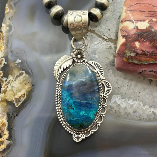 Sterling Silver Southwestern Style Elongated Shattuckite Decorated Pendant For Women