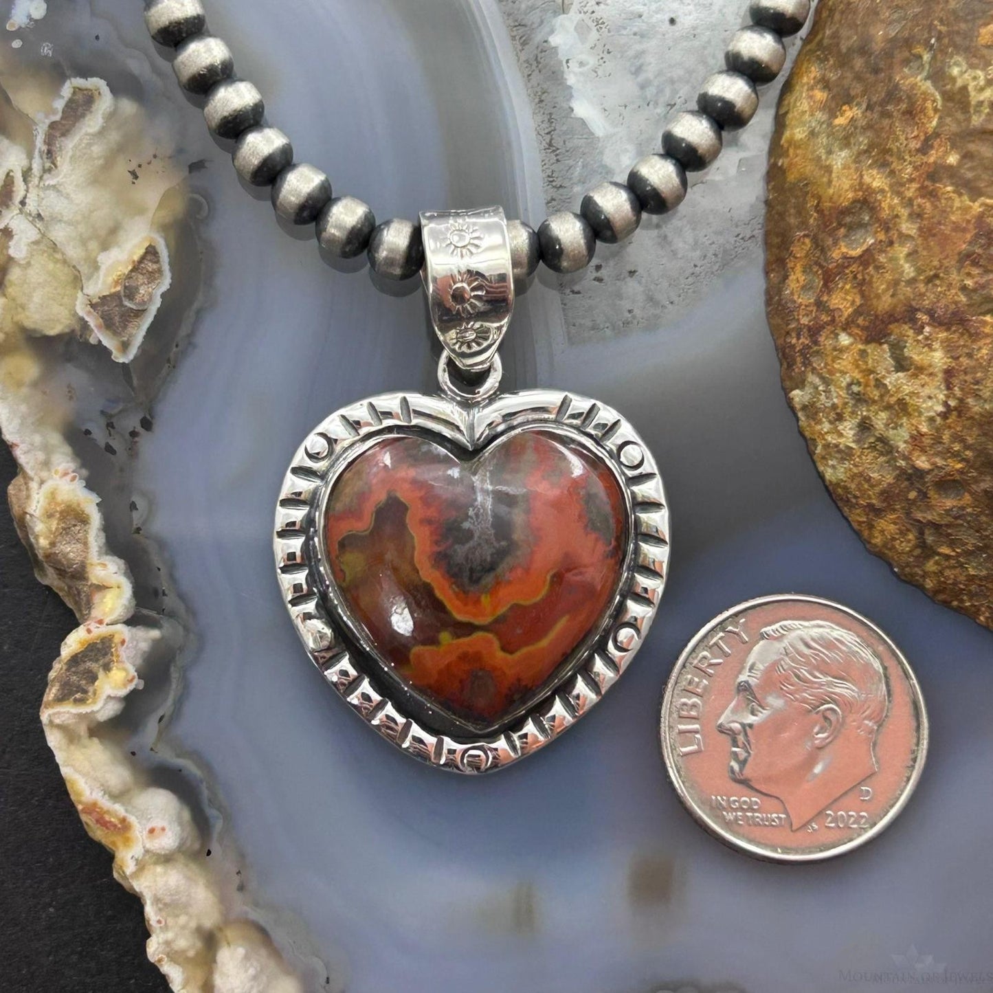 Sterling Silver Southwestern Style Seam Agate Heart Pendant For Women #2