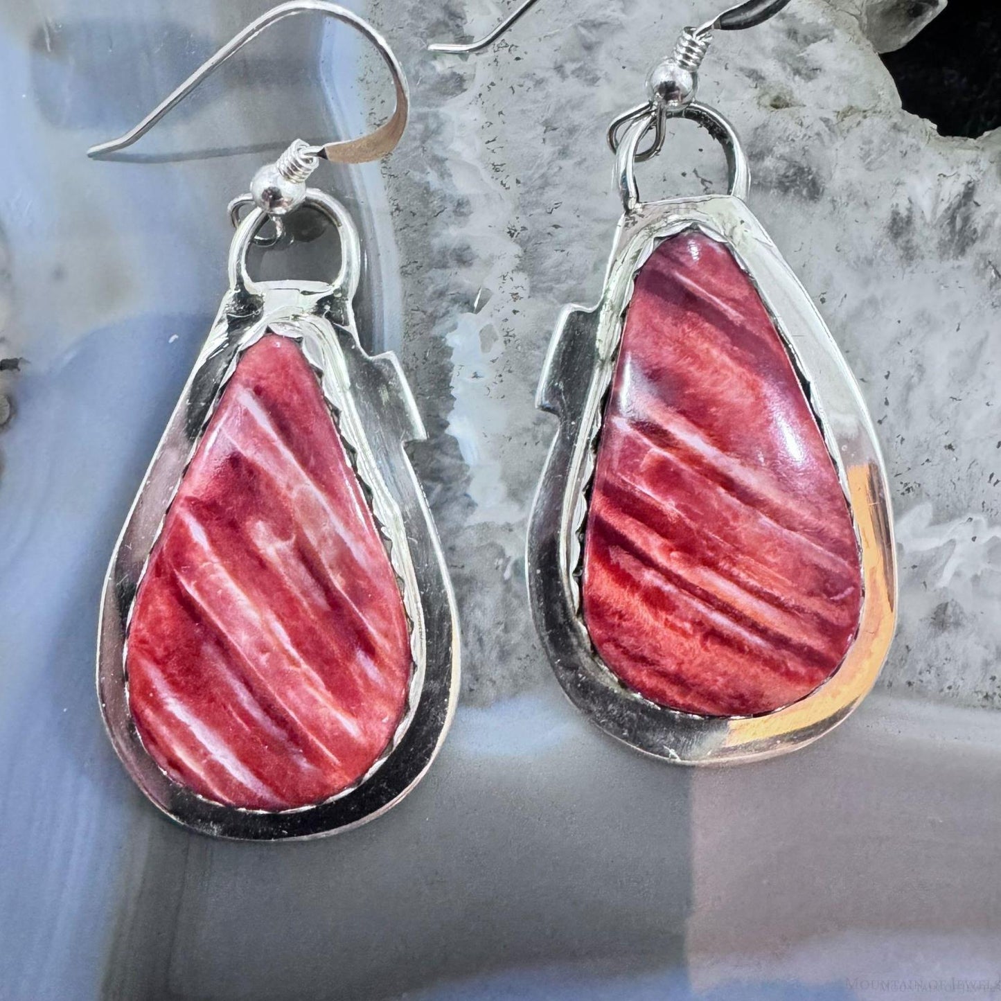 Frank Chavez Native American Sterling Silver Teardrop Spiny Oyster Dangle Earrings For Women