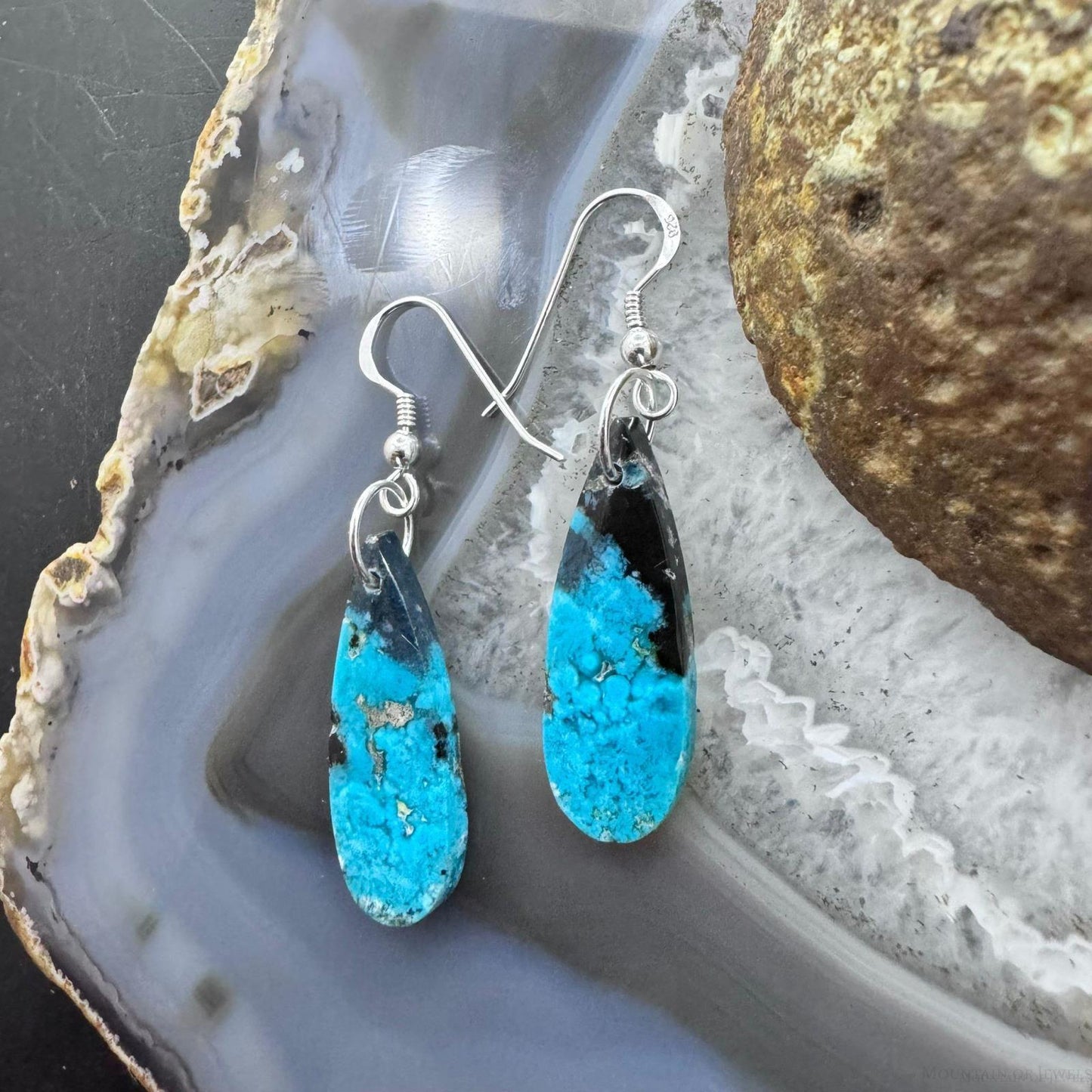 Sterling Silver Elongated Teardrop Chrysocolla Slab Dangle Earrings For Women #224