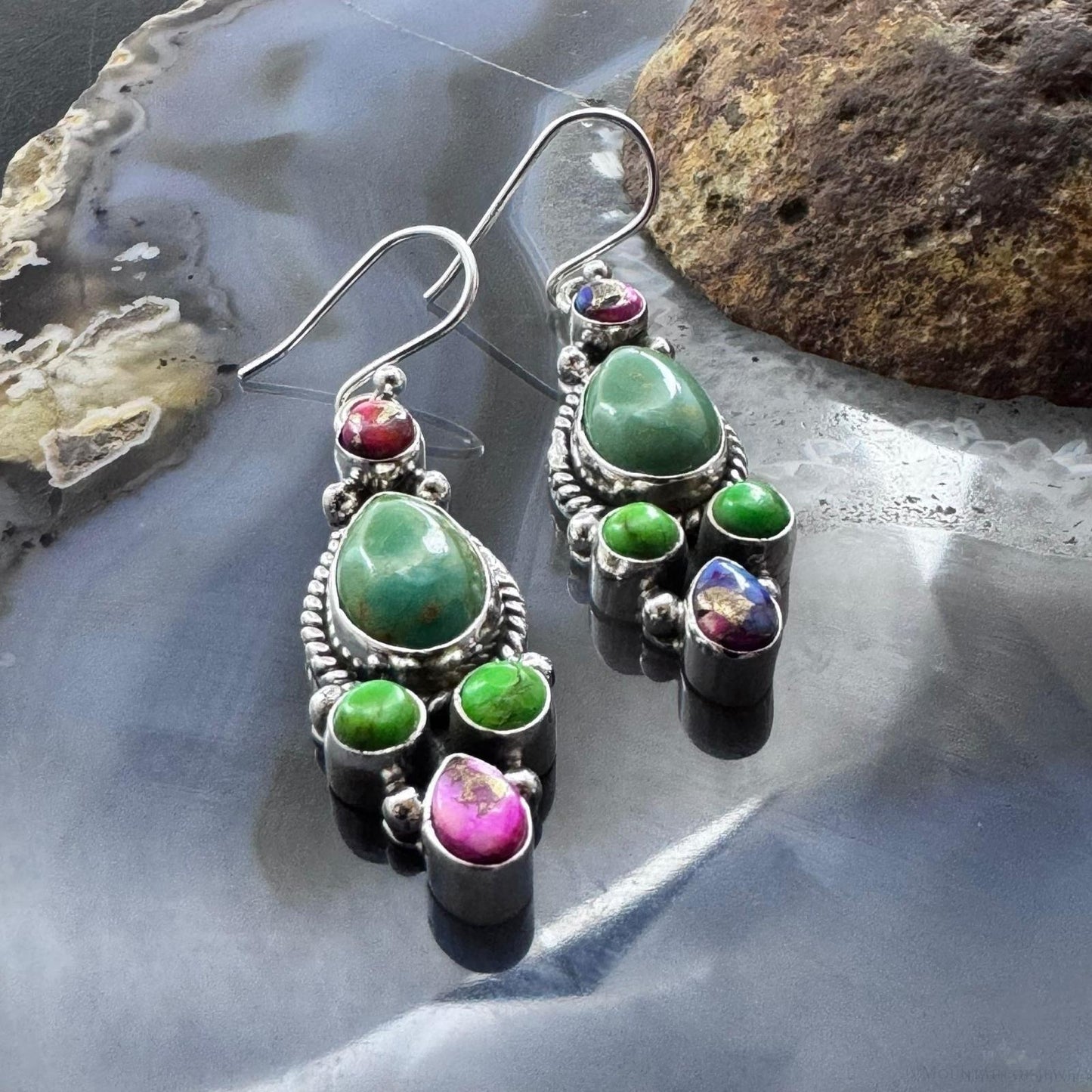 Sterling Silver Southwestern Style Multistone Cluster Dangle Earrings For Women #4