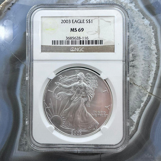2003 US 1.0oz .999 Fine Silver American Silver Eagle NGC MS69 #3685628-116EX