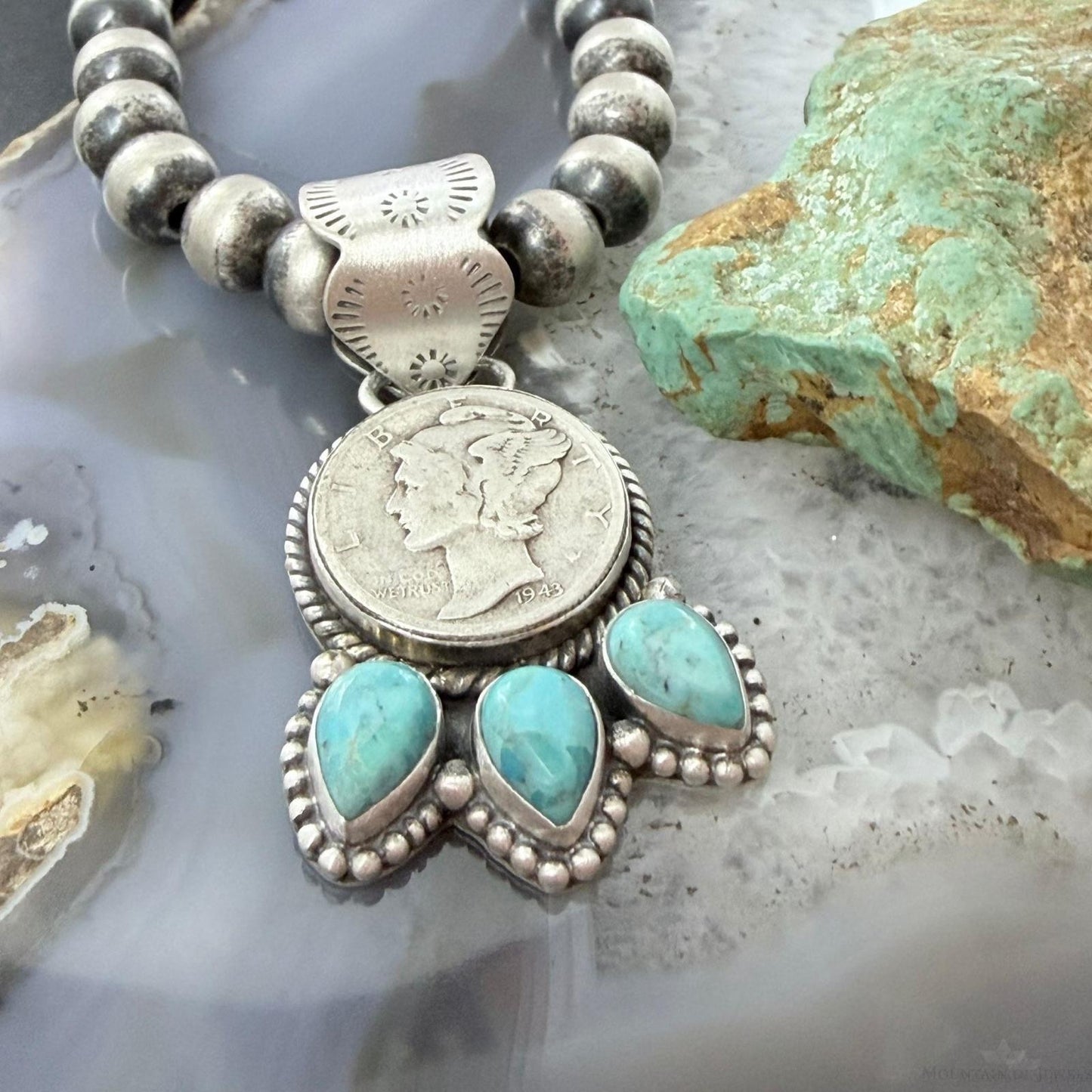 Genuine 1943 90% Silver Mercury Dime Coin w/Teardrop Turquoise Decorated Pendant