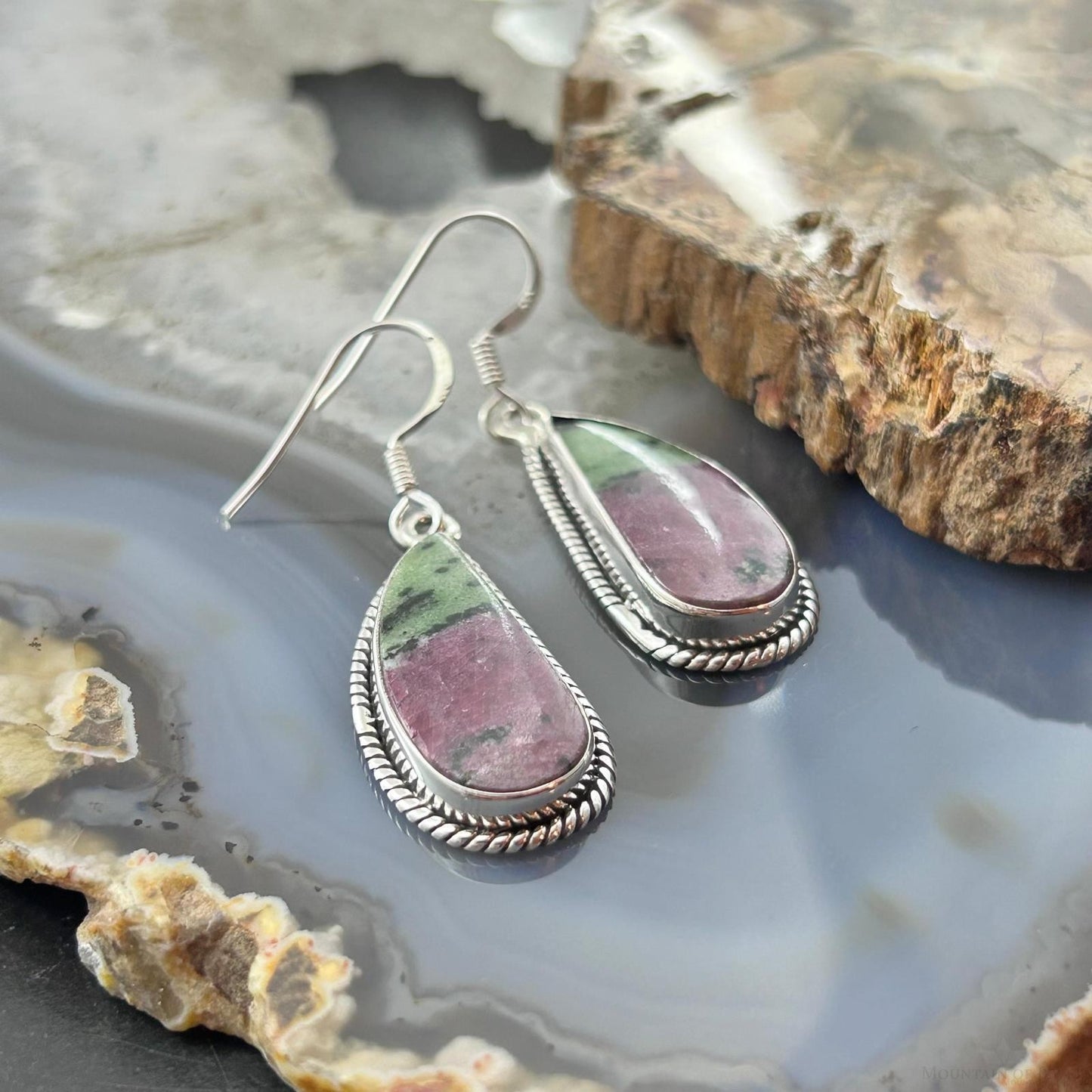Sterling Silver Southwestern Style Paisley Ruby Zoisite Dangle Earrings For Women