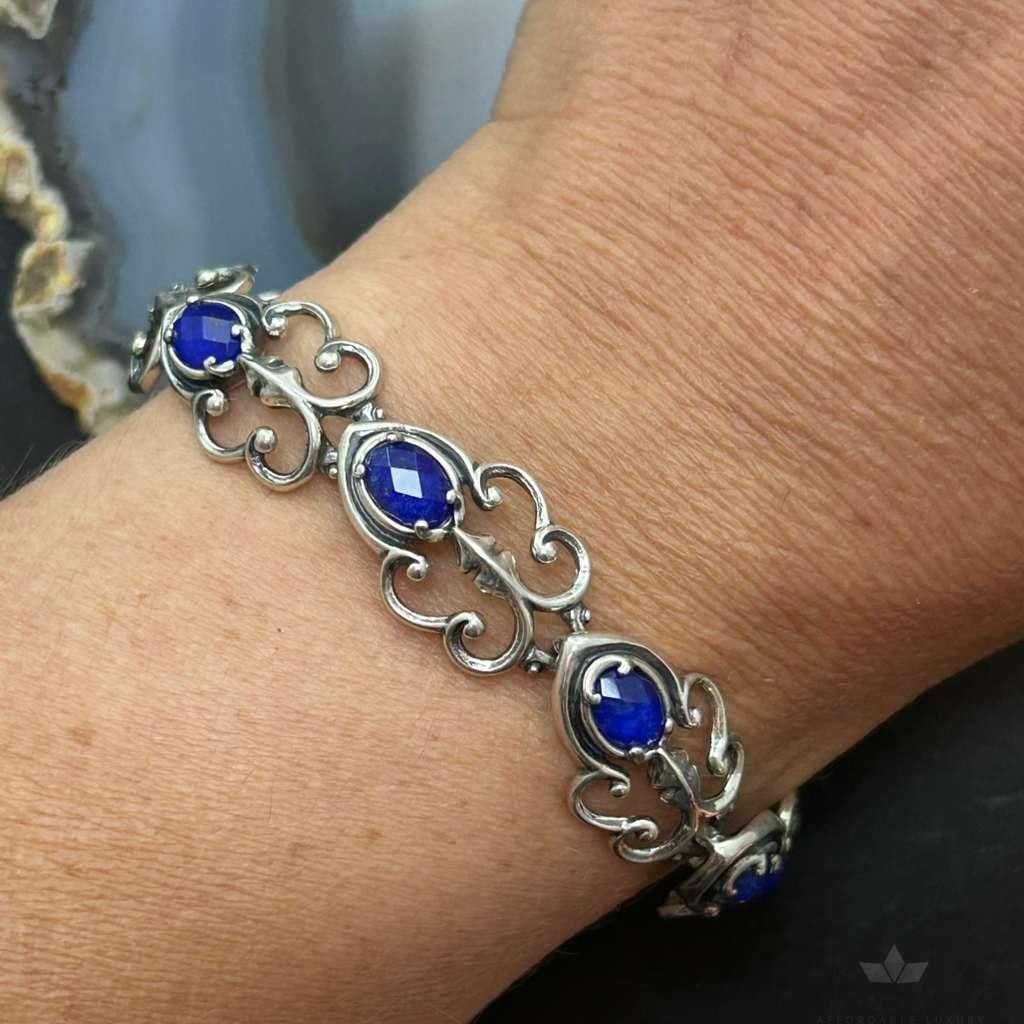 Carolyn Pollack Sterling Silver Oval Faceted Lapis Decorated Link Bracelet For Women