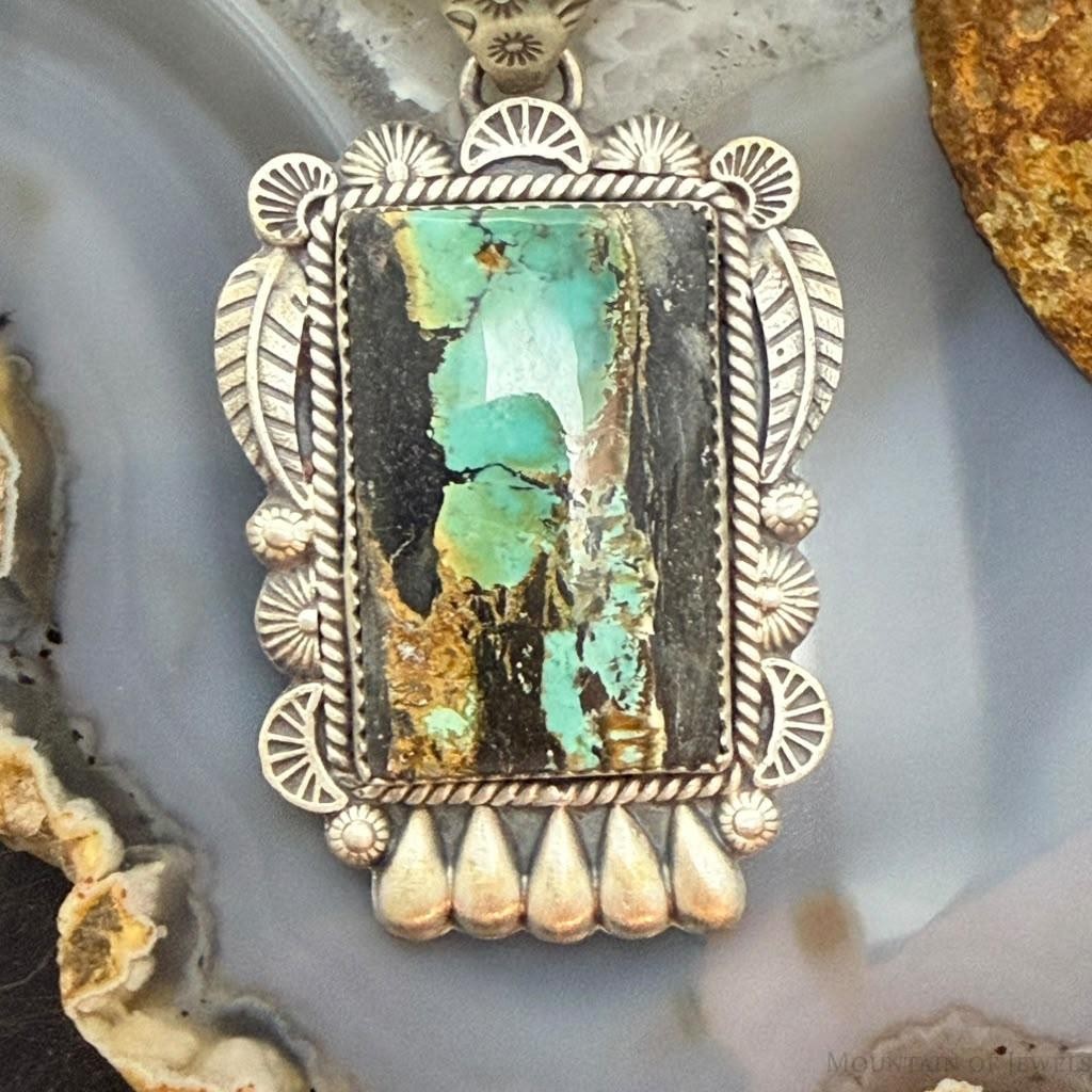 Sterling Silver Southwestern Style Rectangle Blackjack Turquoise Decorated Pendant #2