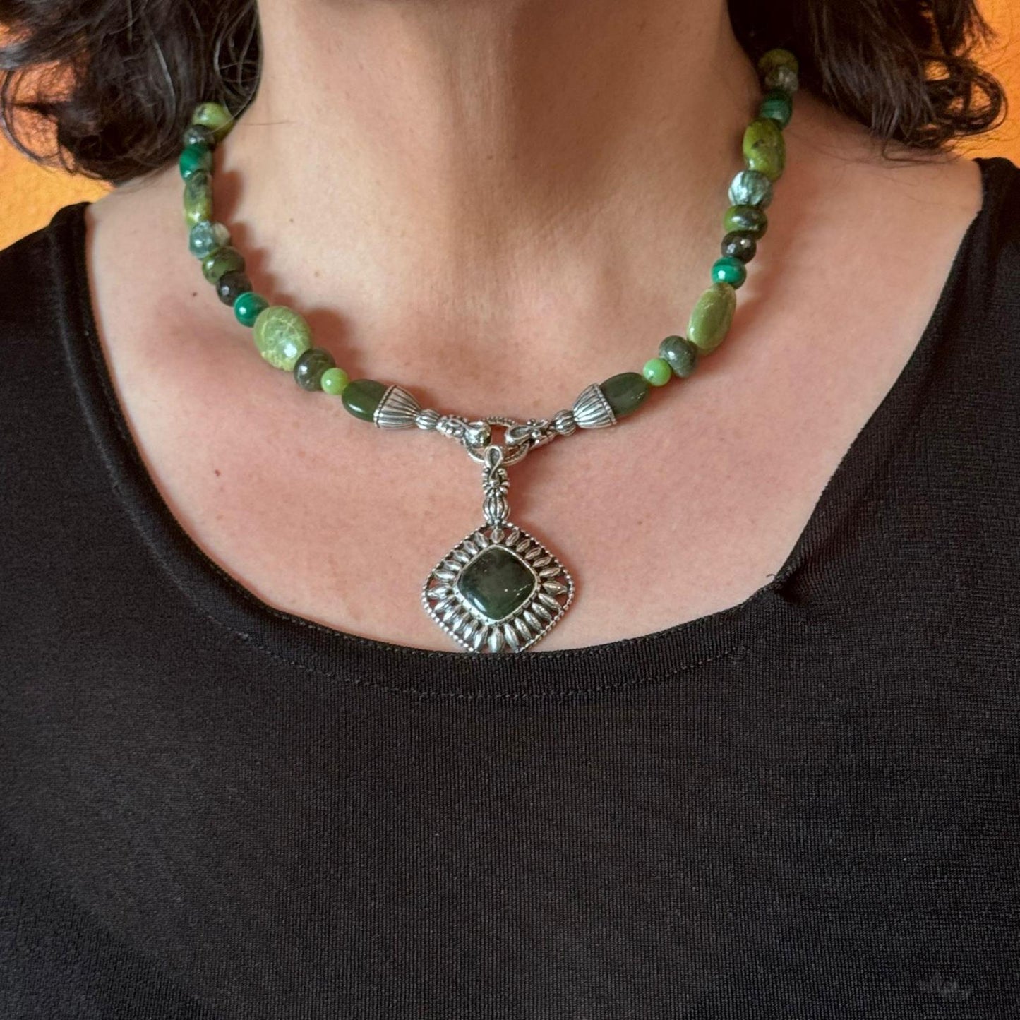 Carolyn Pollack Sterling Silver Serpentine/Malachite Bead Necklace & Link Bracelet Set