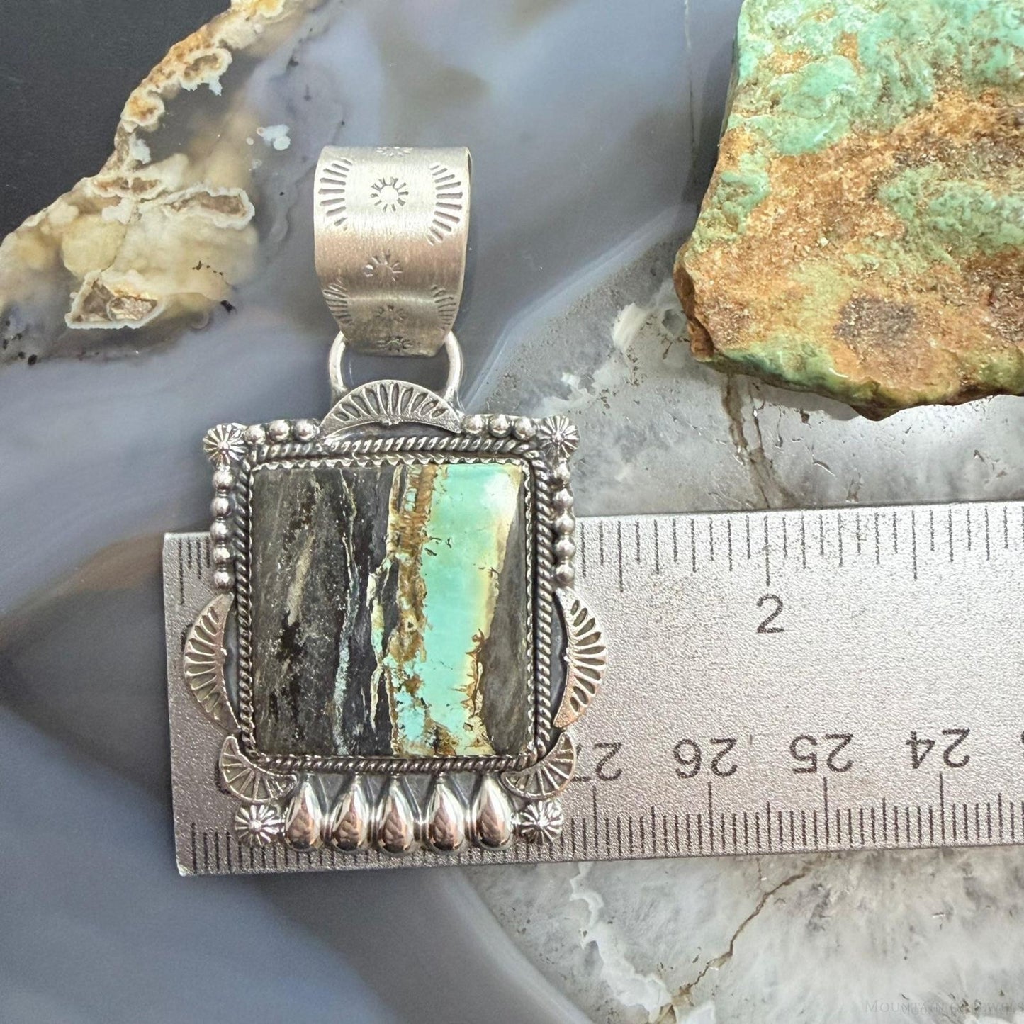 Sterling Silver Southwestern Style Square Blackjack Turquoise Pendant For Women