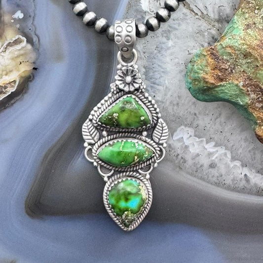 Sterling Silver Southwestern Style 3 Sonora Gold Turquoise Decorated Pendant For Women #1