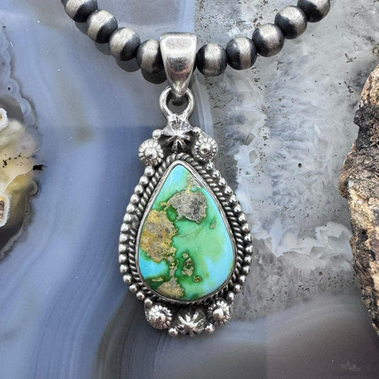 Sterling Silver Southwestern Style Teardrop Sonora Gold Turquoise Decorated Pendant For Women #1
