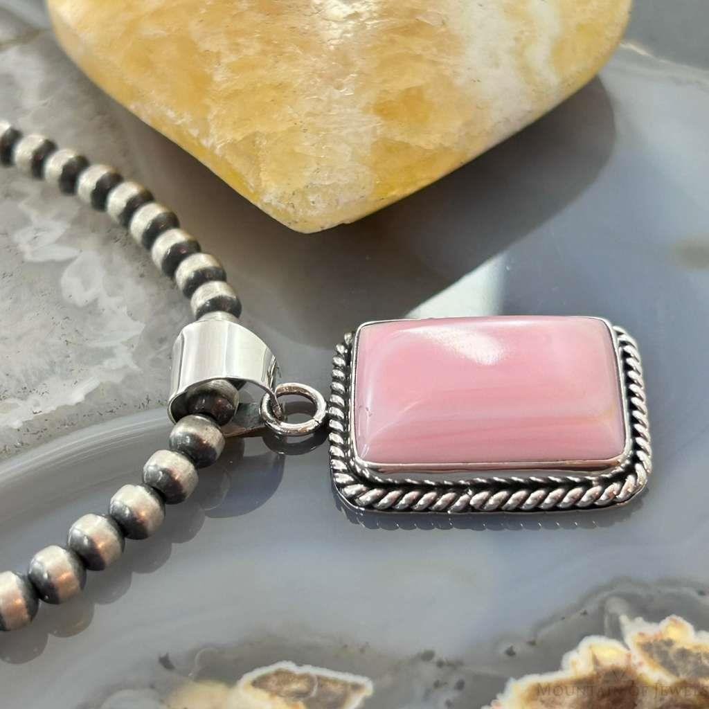 Native American Sterling  Silver Rectangle Pink Conch Decorated Pendant For Women #2