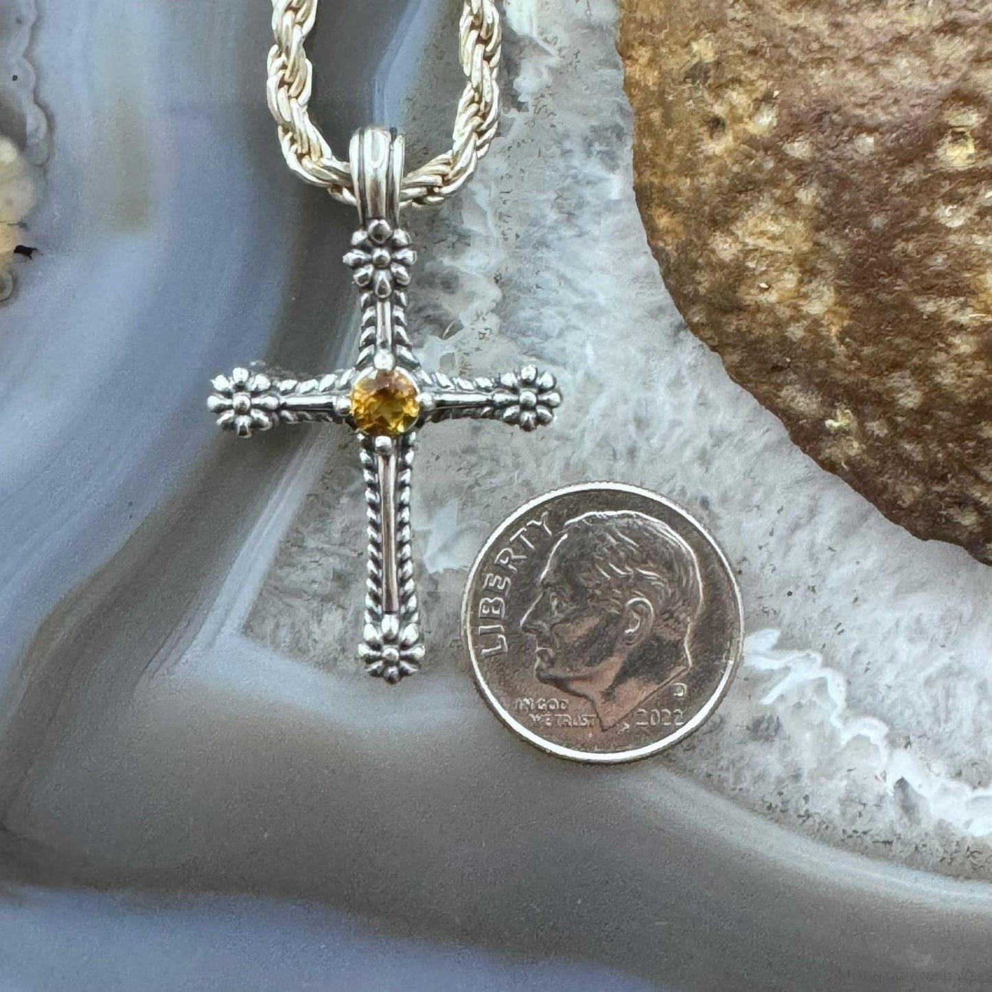 Carolyn Pollack Sterling Silver Citrine Dot Decorated Cross Pendant For Women