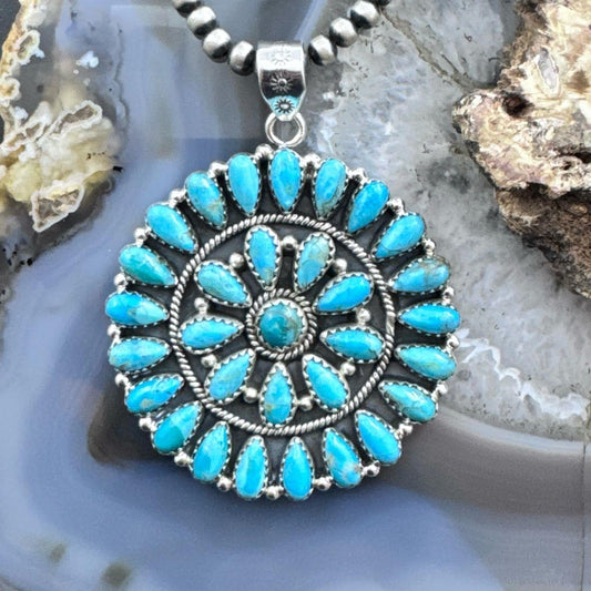 Sterling Silver Southwestern Style Teardrop Turquoise Round Cluster Pendant For Women