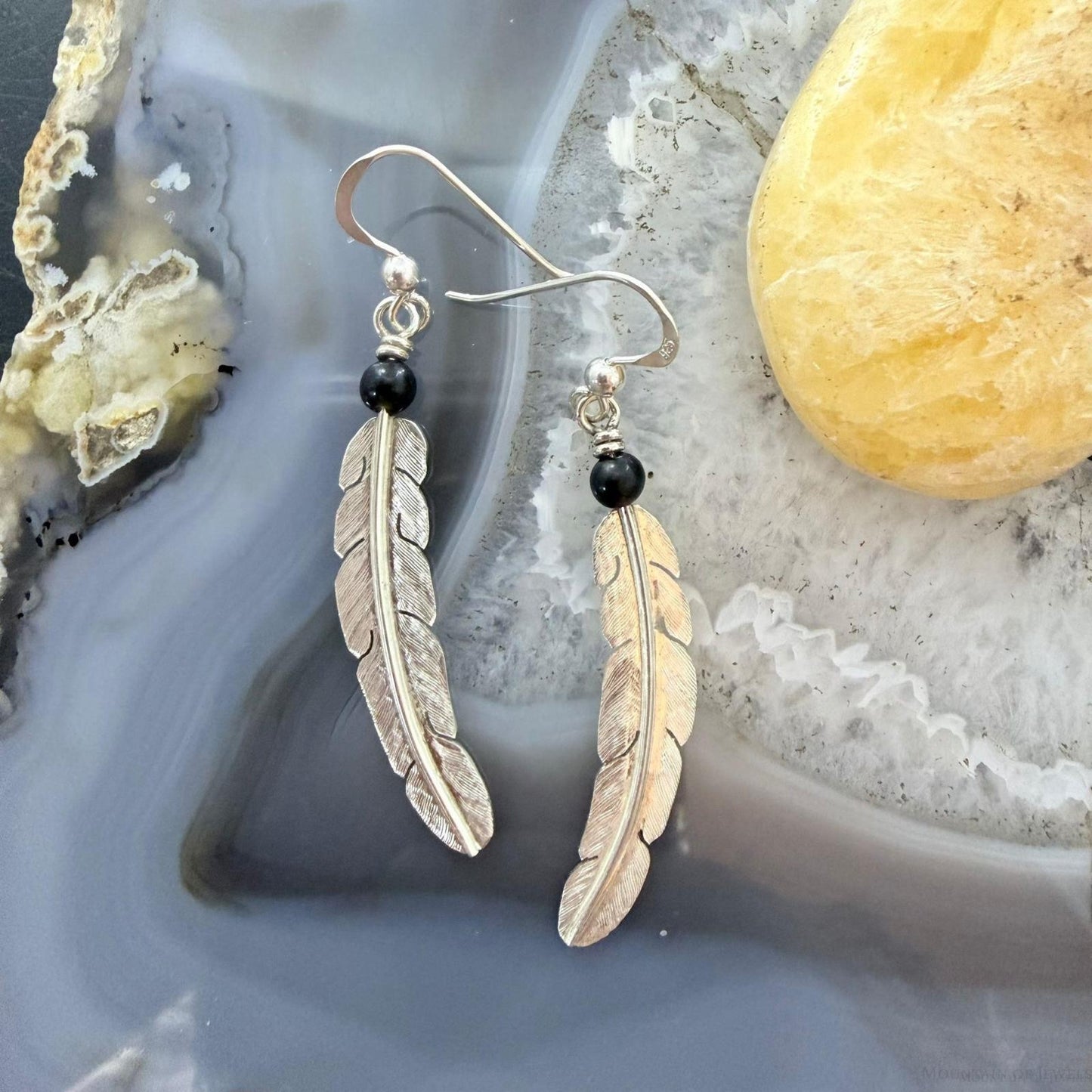 Anthony Gatewood Sterling Silver & Onyx Bead Feather Dangle Earrings For Women