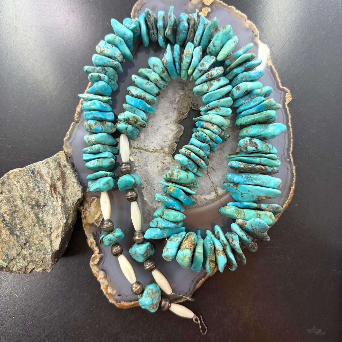Vintage Native American Large & Heavy Rough Turquoise Beads w/MOP Necklace For Women