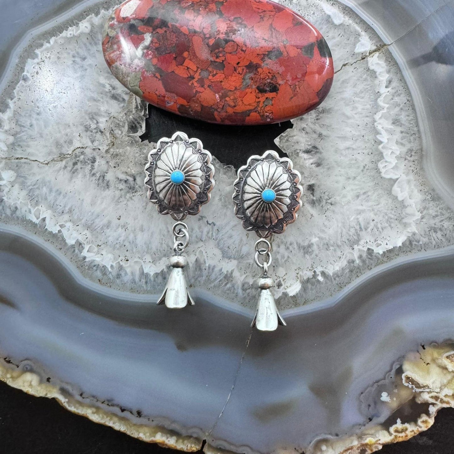 Native American Sterling Oval Concho w/Turquoise Squash Blossom Dangle Earrings