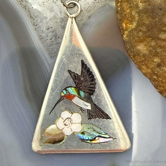 Vintage Linda Barber Zuni Sterling Silver Inlay Hummingbird Pendant For Women