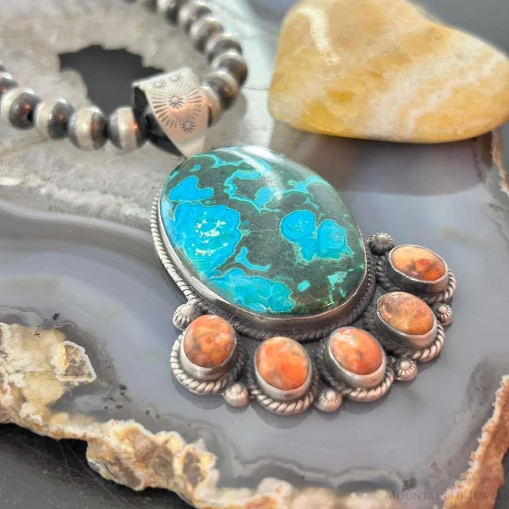 Sterling Silver Southwestern Style Malachite-Azurite & Spiny Pendant For Women