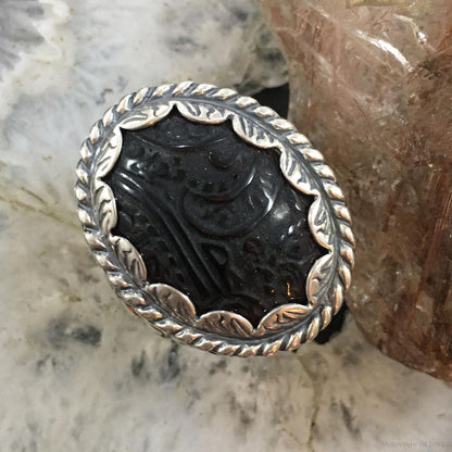 Carolyn Pollack Sterling Silver Oval Carved Black Onyx Decorated Unisex Ring