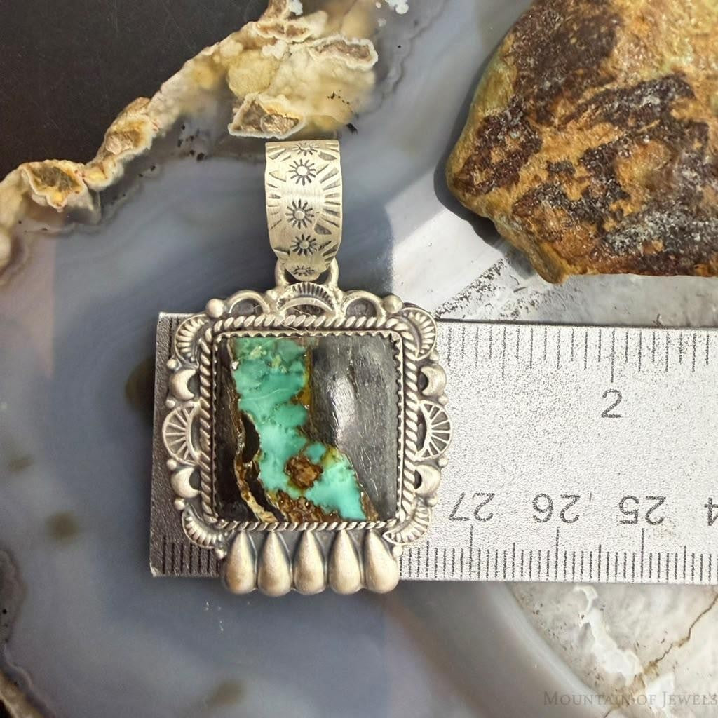 Sterling Silver Southwestern Style Square Blackjack Turquoise Decorated Pendant