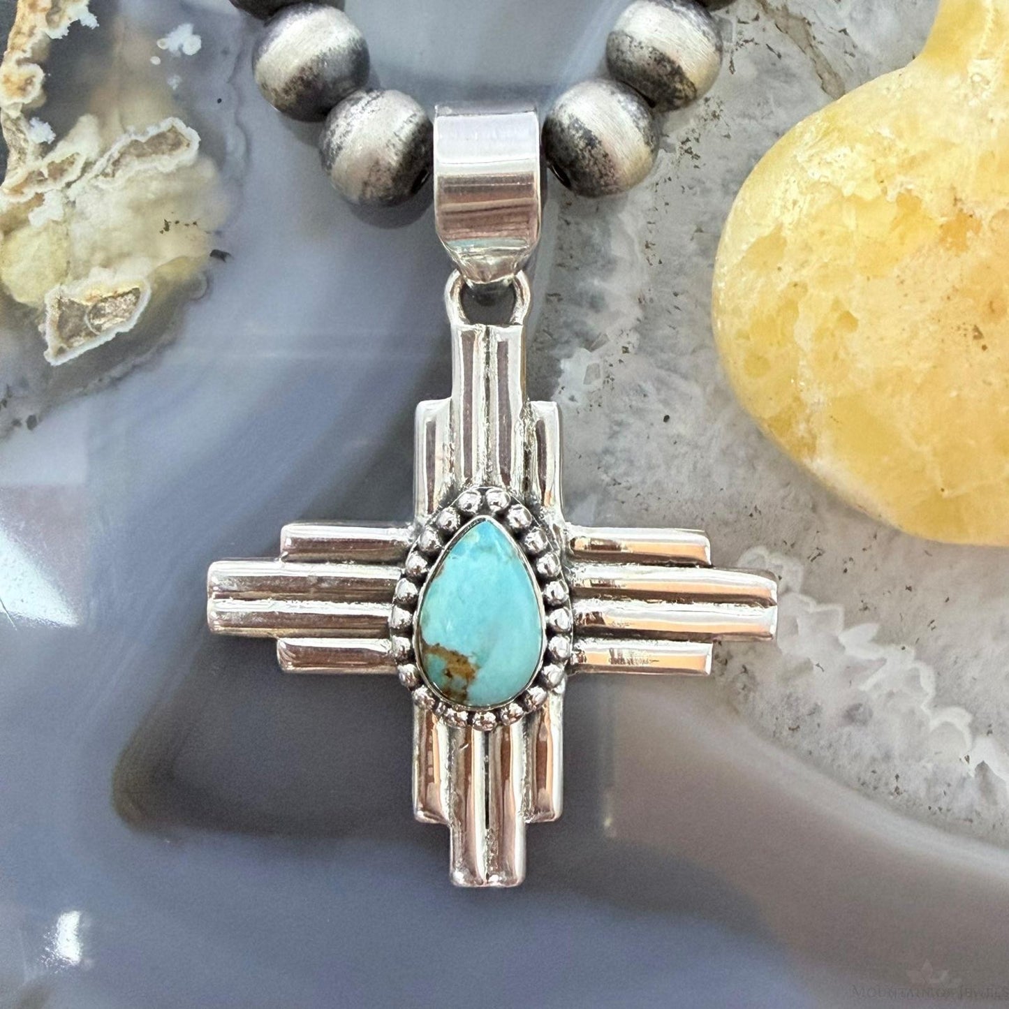 Sterling Silver Southwestern Style Teardrop Mohave Turquoise Unisex Zia Pendant