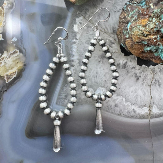 Navajo Pearl Beads 3 mm W/Squash Blossom Sterling Silver Dangle Earrings For Women