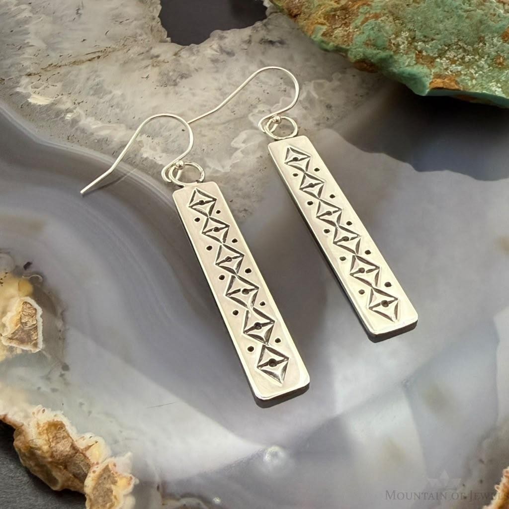 Michael Nez Native American Sterling Stamped Rectangle Dangle Earrings For Women