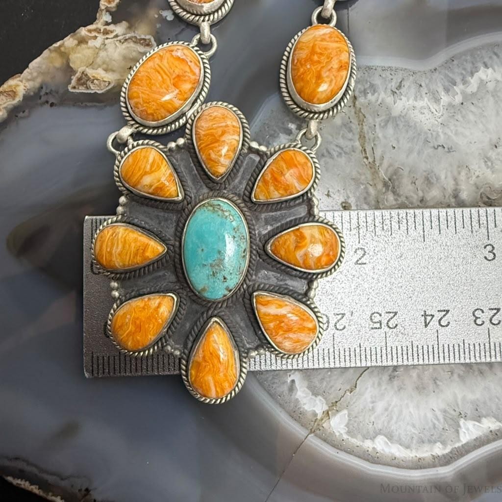 Sterling Silver Southwestern Style Spiny Oyster & Turquoise Cluster Lariat 22" Necklace For Women