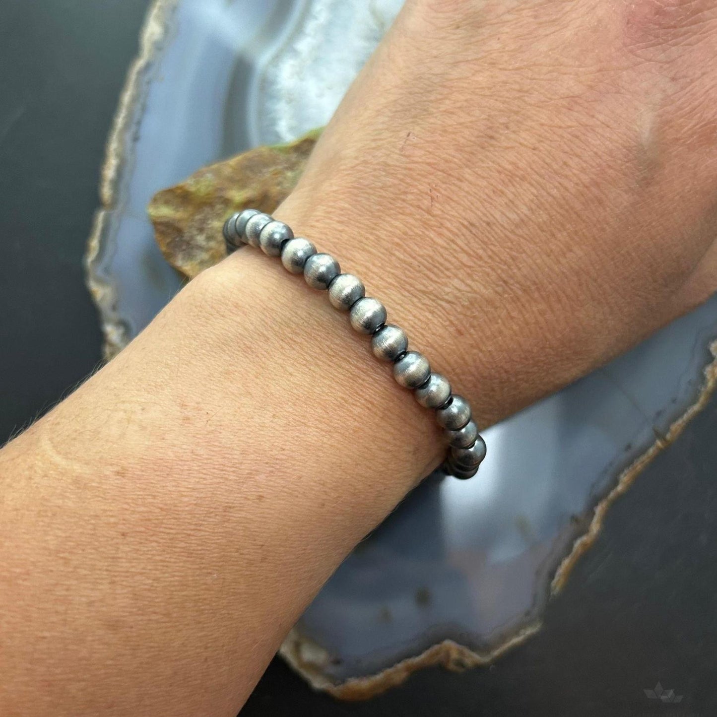 Sterling Silver 6mm Navajo Pearl Beads Stretch Bracelet For Women
