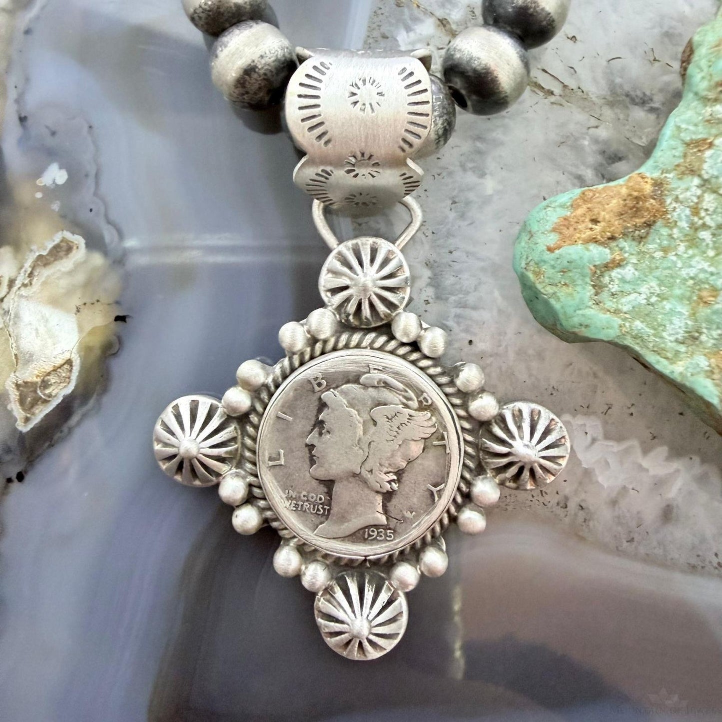 1935 Genuine 90% Silver US Mercury Dime Decorated Unisex Pendant