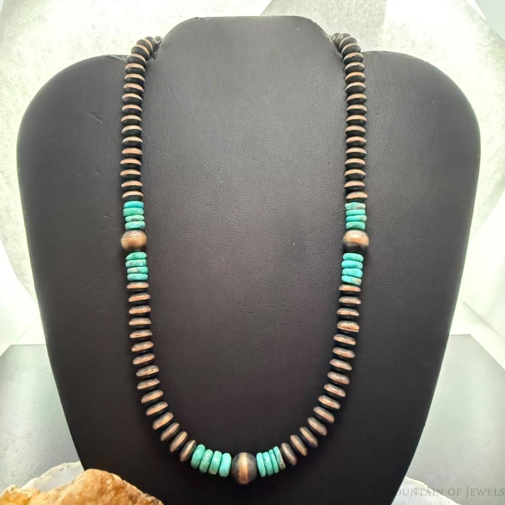 Southwestern Style Copper 8mm Navajo Pearl Saucer &Turquoise 18"-20" Necklace #1