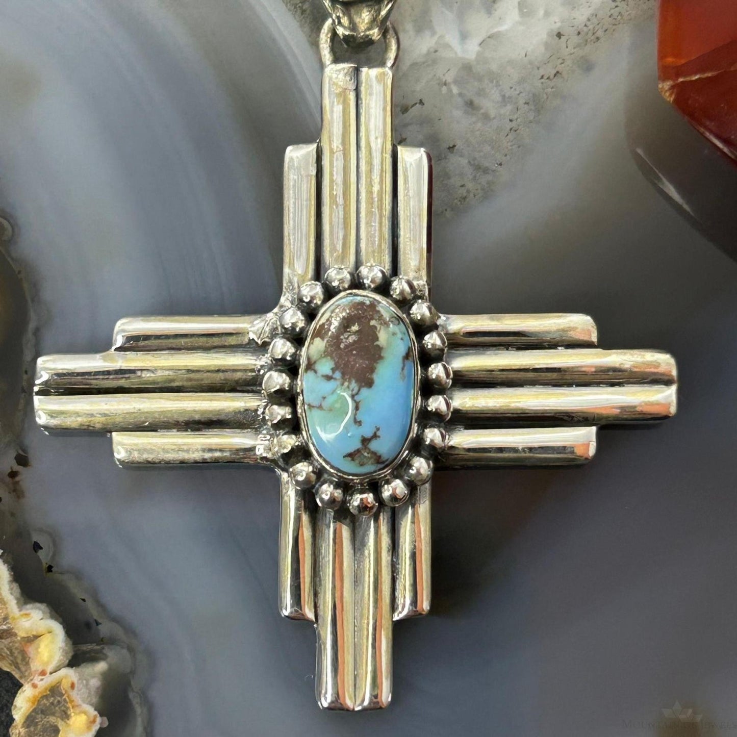 Sterling Silver Southwestern Style Oval Golden Hill Turquoise Unisex Zia Pendant