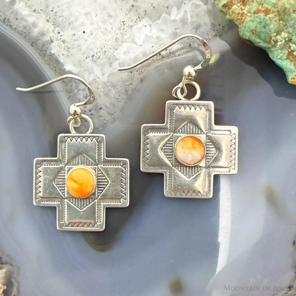 Vintage Signed Sterling Silver Spiny Oyster Stamped Cross Dangle Earrings For Women