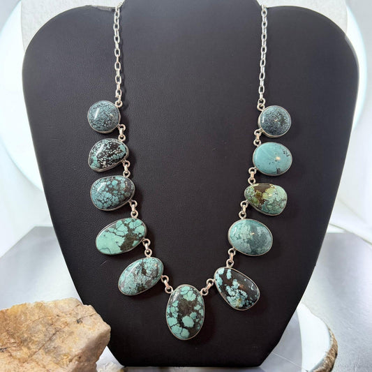 Sterling Silver Southwestern Style Multi Shape Hubai Turquoise 20" Necklace For Women