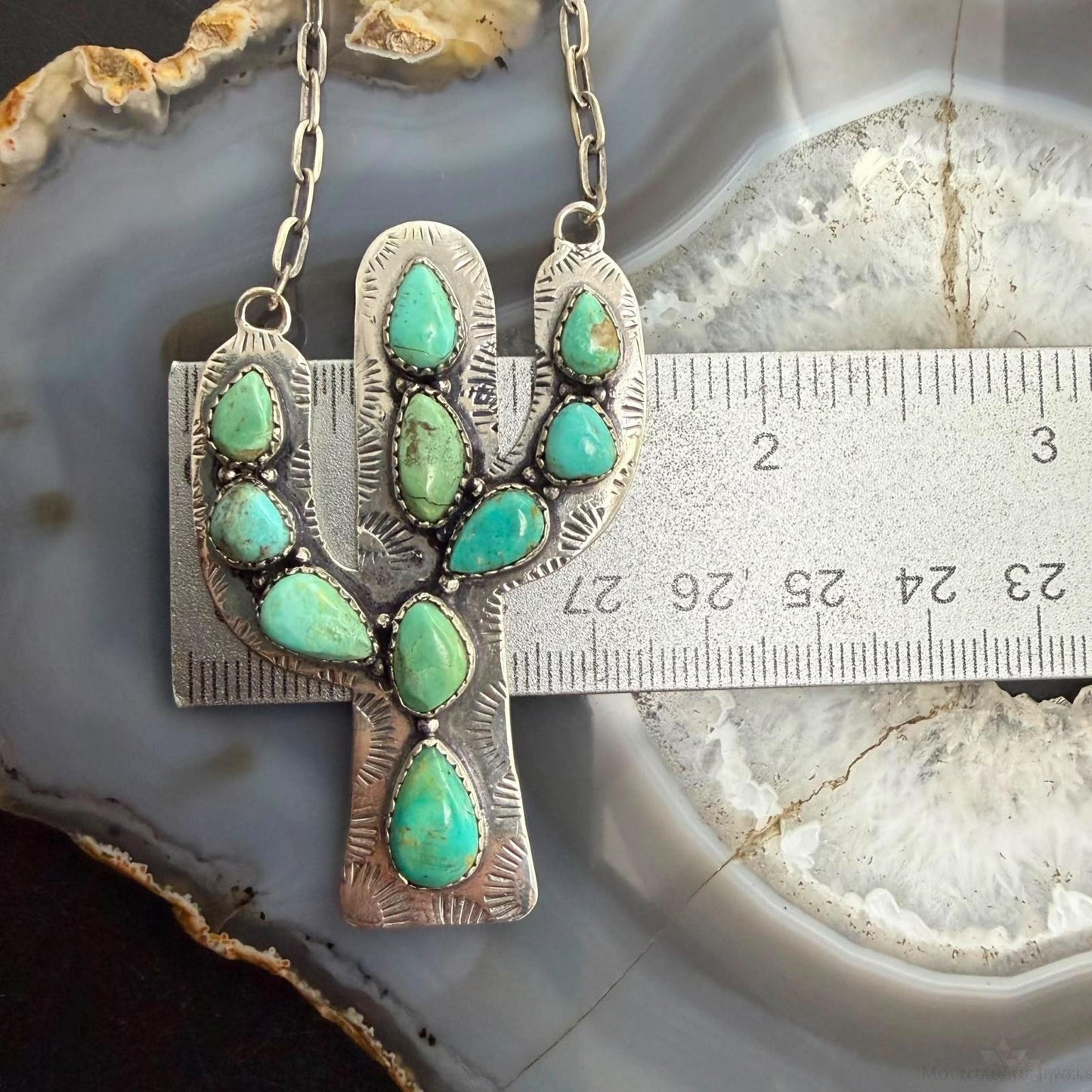 Sterling Southwestern Style Kingman Turquoise Cactus Pendant 22.5" Necklace