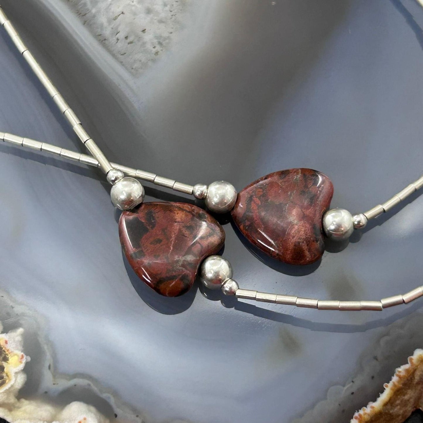 Carolyn Pollack Vintage Sterling Silver Tube Beads & 9 Jasper Hearts Necklace For Women