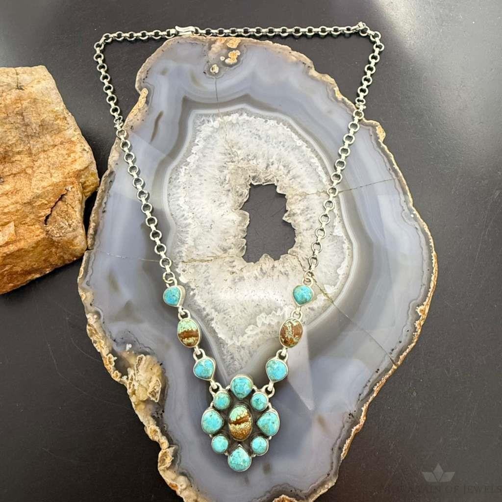 Sterling Silver Southwestern Style Turquoise Cluster 20" Necklace For Women
