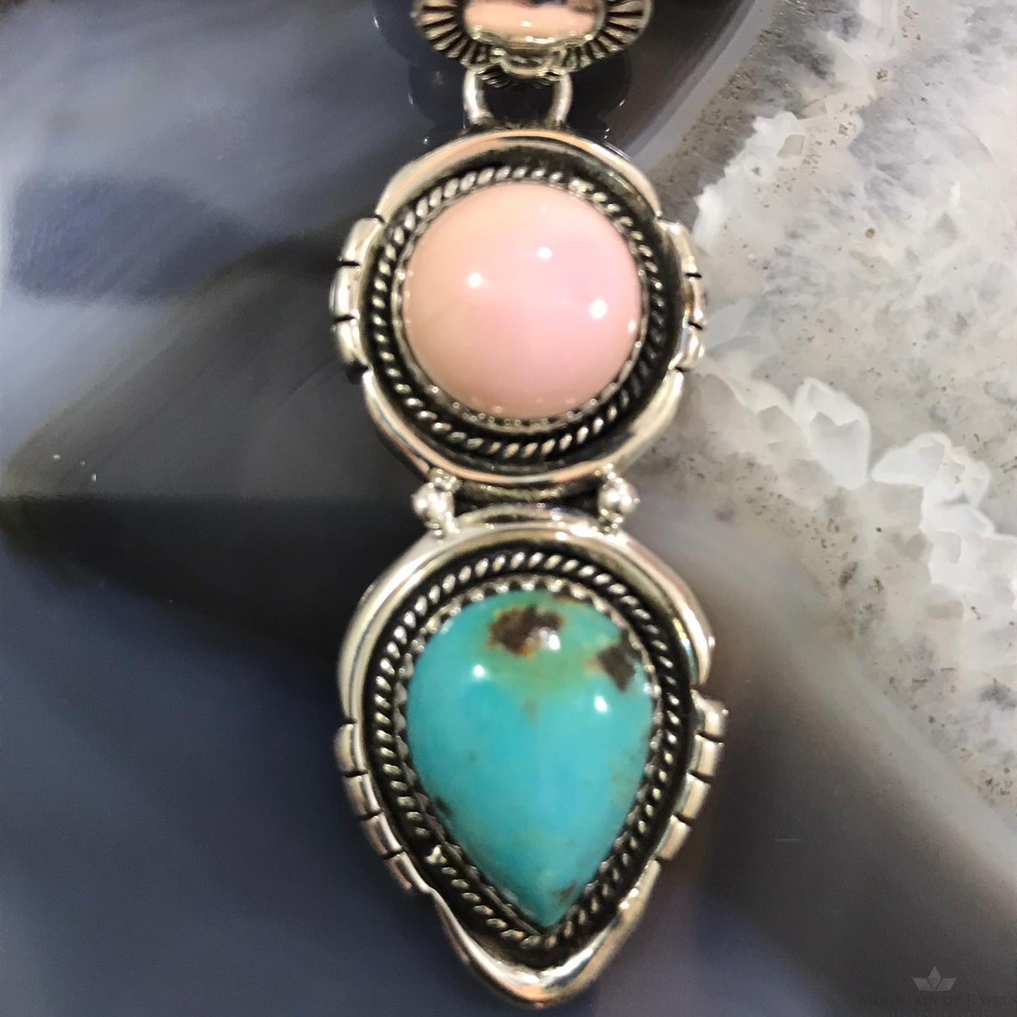 Native American Sterling Silver Pink Conch Shell & Turquoise Pendant For Women