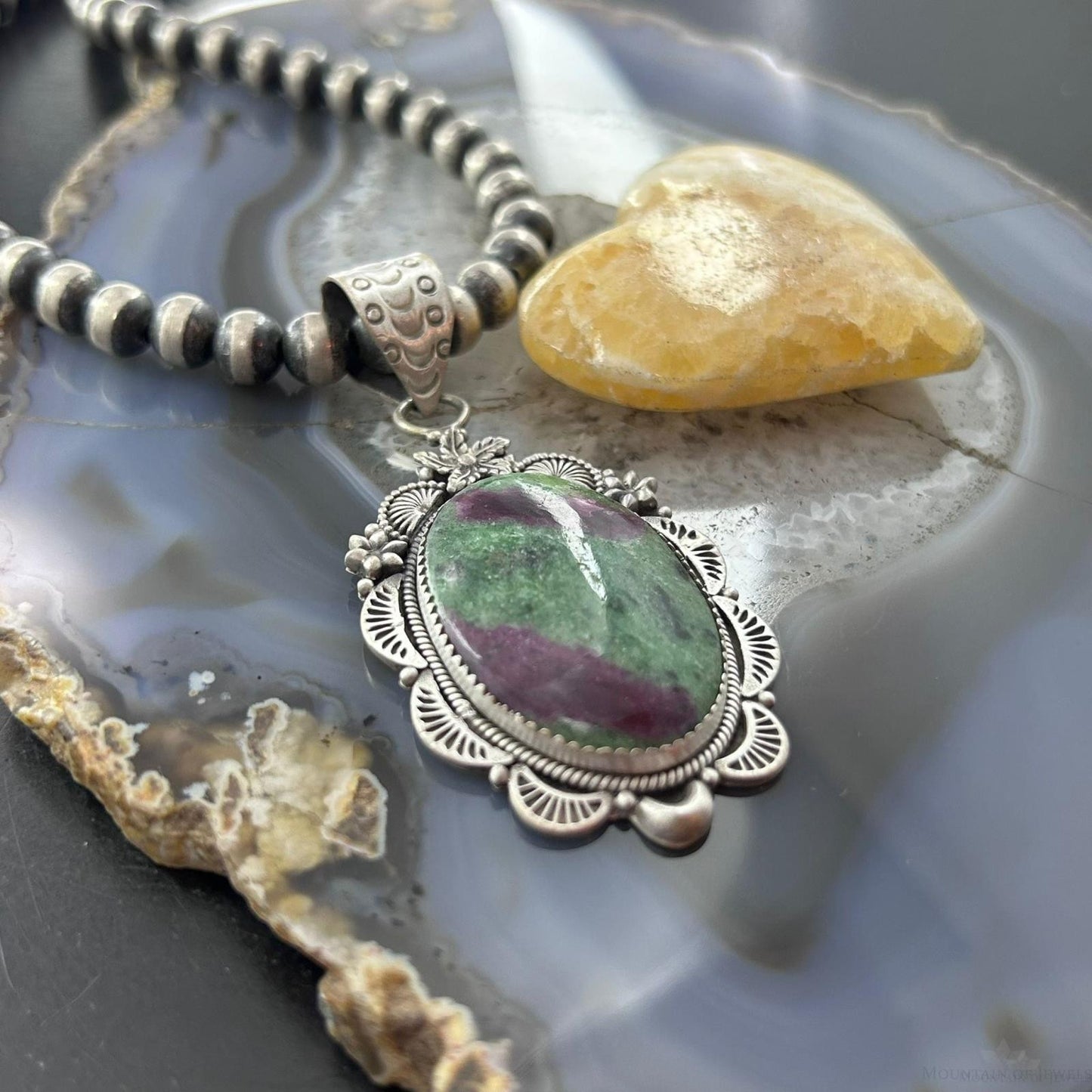 Sterling Silver Southwestern Style Oval Ruby Zoisite Decorated Pendant For Women