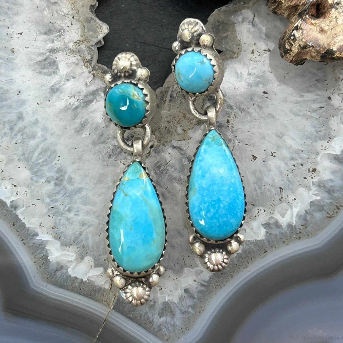 Sterling Silver Southwestern Style Teardrop & Rounded Turquoise Post Dangle Earrings For Women
