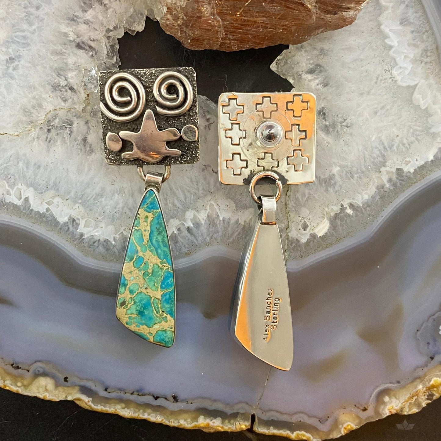 Alex Sanchez Native American Sterling Silver Blue Sediment Petroglyph Dangle Earrings For Women