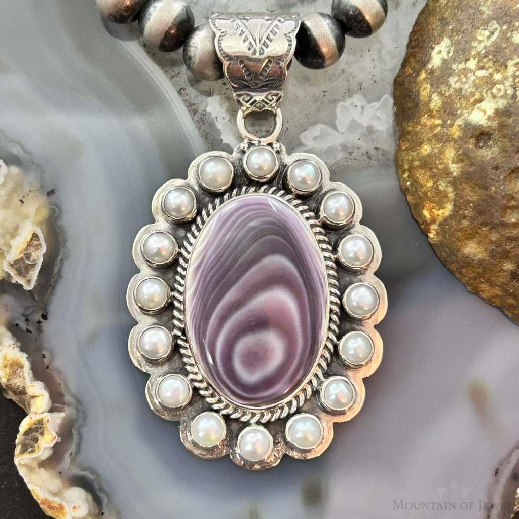 Native American Sterling Silver Oval Phosphosiderite W/Pearls Cluster Pendant For Women