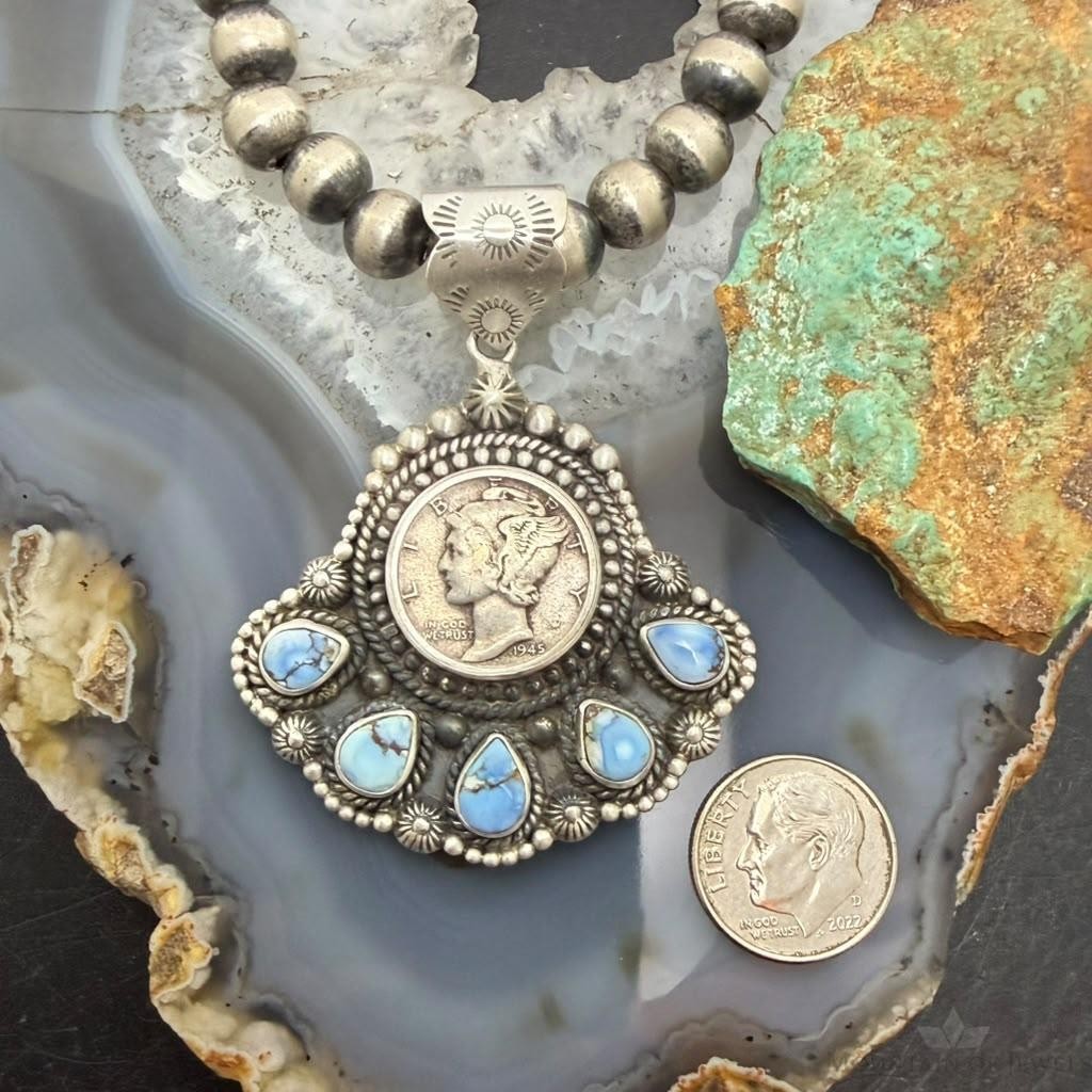 Sterling Silver Southwestern Style 1945 Mercury Dime & Golden Hill Turquoise Pendant