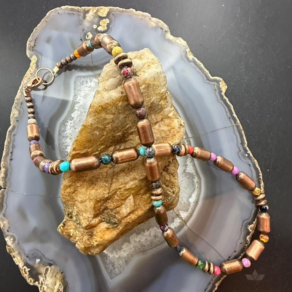 Southwestern Style Copper Navajo Pearl Round &Cylinder w/Multistone 18" Necklace For Women
