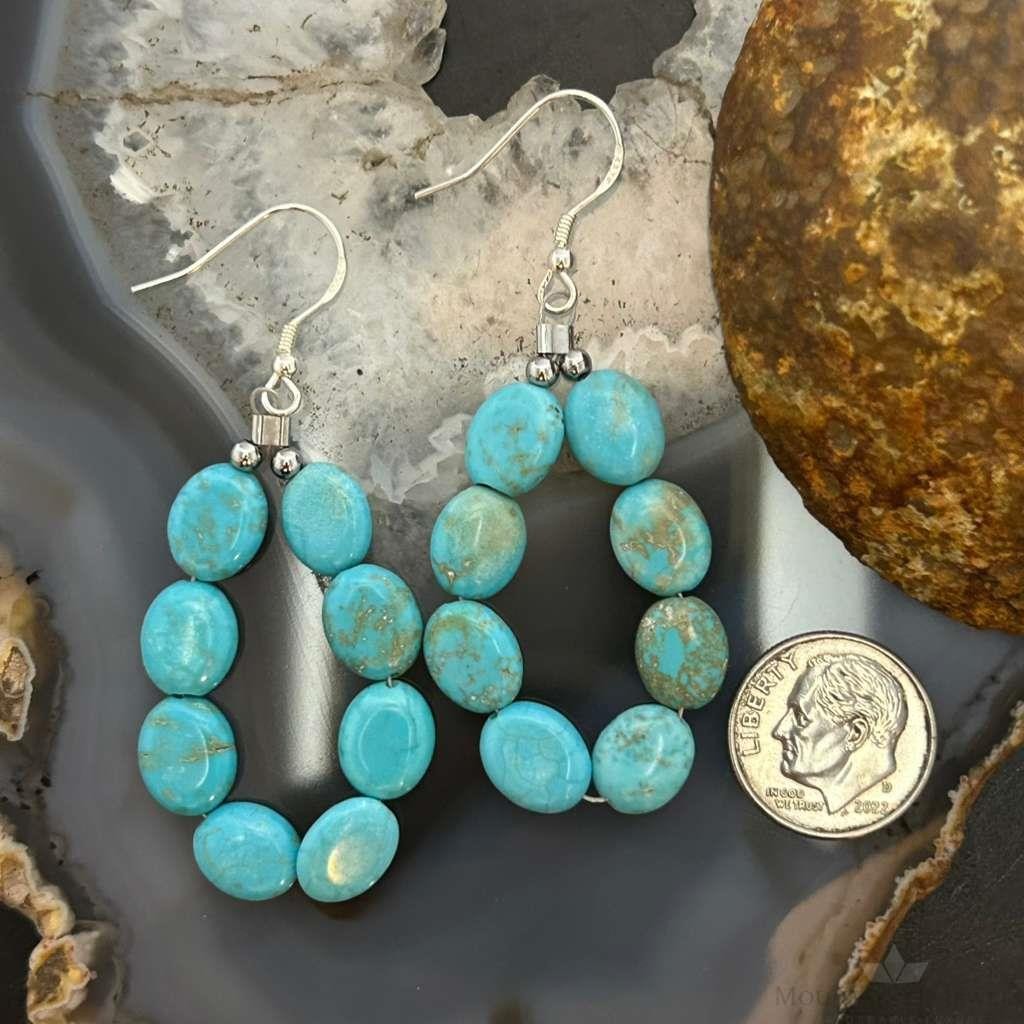 Sterling Silver 8 Oval Turquoise Beads Hoop Dangle Earrings For Women