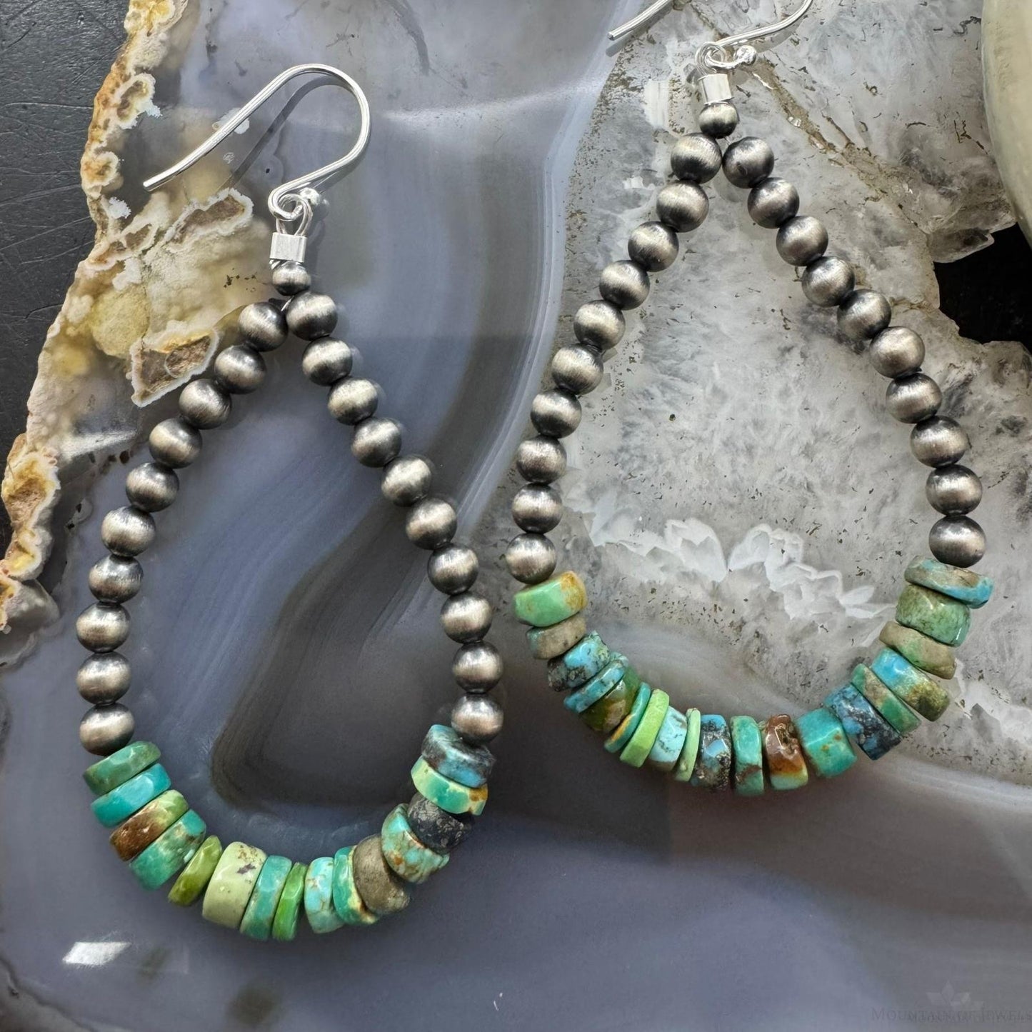 Sterling Silver Navajo Pearl Southwester Style & Turquoise Bead Hoop Earrings For Women