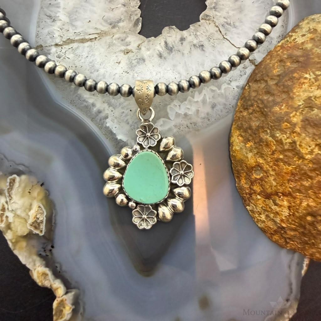 Sterling Silver Southwestern Style Turquoise w/Flower Decorated Pendant For Women
