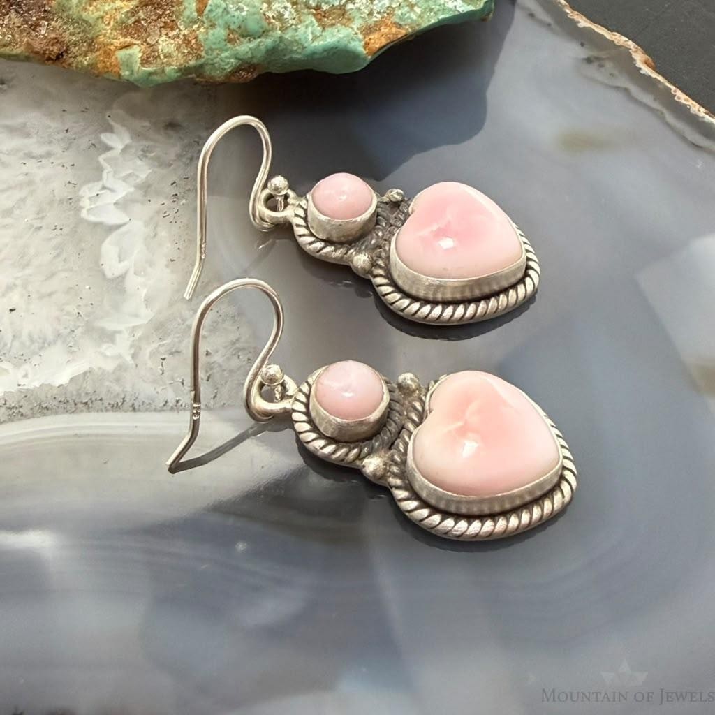 Sterling Silver Southwestern Style Heart Pink Conch Dangle Earrings For Women